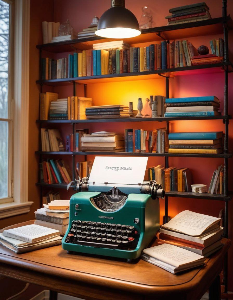 A whimsical bookshelf filled with colorful books that represent various topics in blogging, surrounded by a glowing lightbulb symbolizing creativity and ideas. In the foreground, a vintage typewriter with paper spilling out, featuring captivating story snippets written on them. The background includes subtle hints of social media icons and digital connections. vibrant colors. super-realistic.