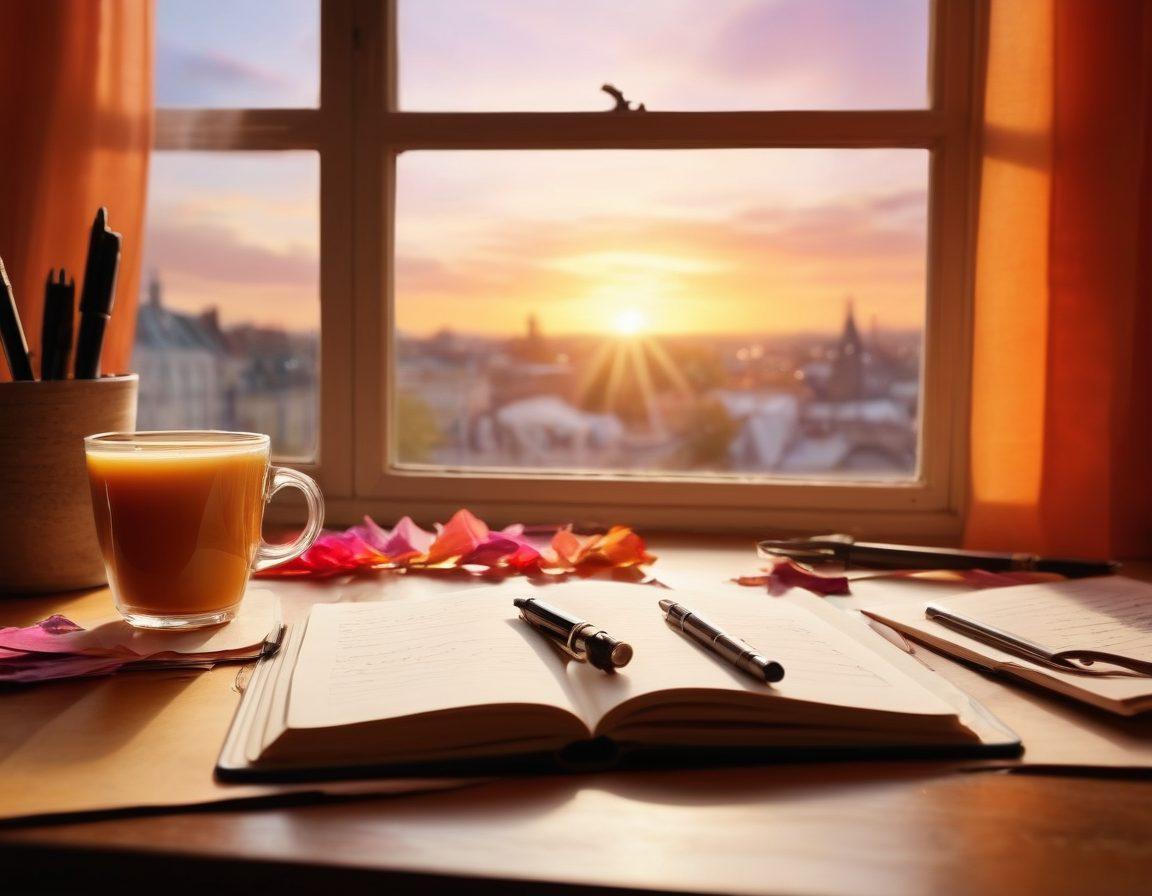 An open notebook with handwritten notes and a vintage fountain pen, surrounded by scattered colorful paper scraps and a steaming cup of coffee. In the background, there's an inspiring view of a sunset through a window, casting warm light over the workspace. This scene evokes creativity and tranquility, ideal for writing. super-realistic. warm colors. soft focus.