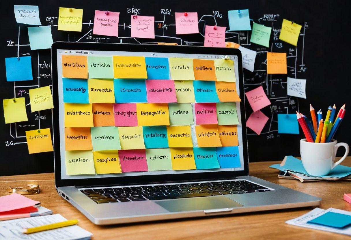 A dynamic visual showcasing a laptop with an open blog post surrounded by sticky notes that represent content strategy, colorful graphs indicating audience engagement metrics, and diverse people reading and interacting with the blog on their devices. The background should be vibrant and lively, filled with elements of creativity like lightbulbs and question marks, symbolizing ideas and engagement. super-realistic. vibrant colors. modern design.